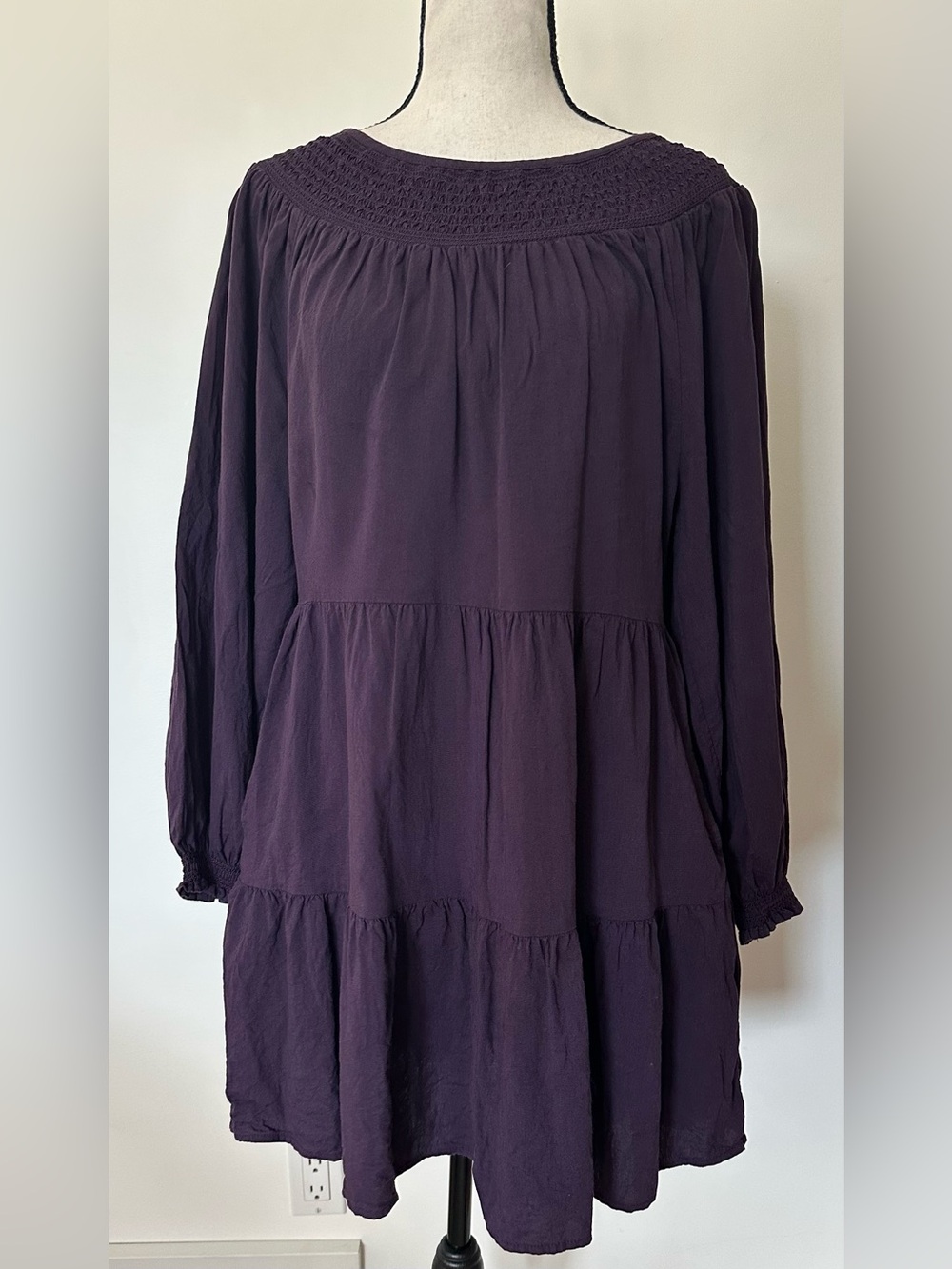 Cottagecore Old Navy Deep Plum Boho Tiered Peasant Dress Balloon Long Sleeve M - Picture 2 of 10